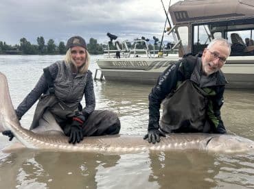 Two anglers proudly displaying a large Sturgeon while wading in shallow water, with a fishing boat visible in the background.