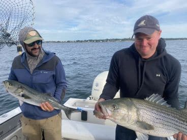 Two anglers proudly displaying their catches, a Striped Bass and a Bluefish, while fishing from a boat in a coastal environment.