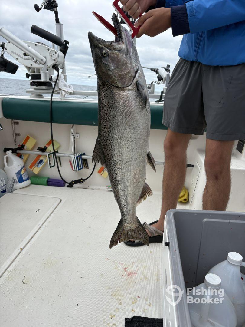 Angler holding a large Salmon on a fishing boat, showcasing a successful catch during a deep-sea fishing trip.