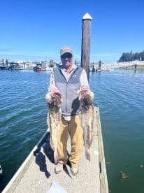 An angler proudly displaying two large Lingcod at the dock, showcasing a successful day of fishing in a coastal marina.