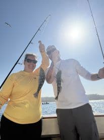 Two anglers proudly displaying their catch of Spotted Bass while fishing on a sunny day.