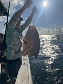 An angler proudly displaying a large Snapper while fishing offshore, with a beautiful ocean backdrop and sunny skies.