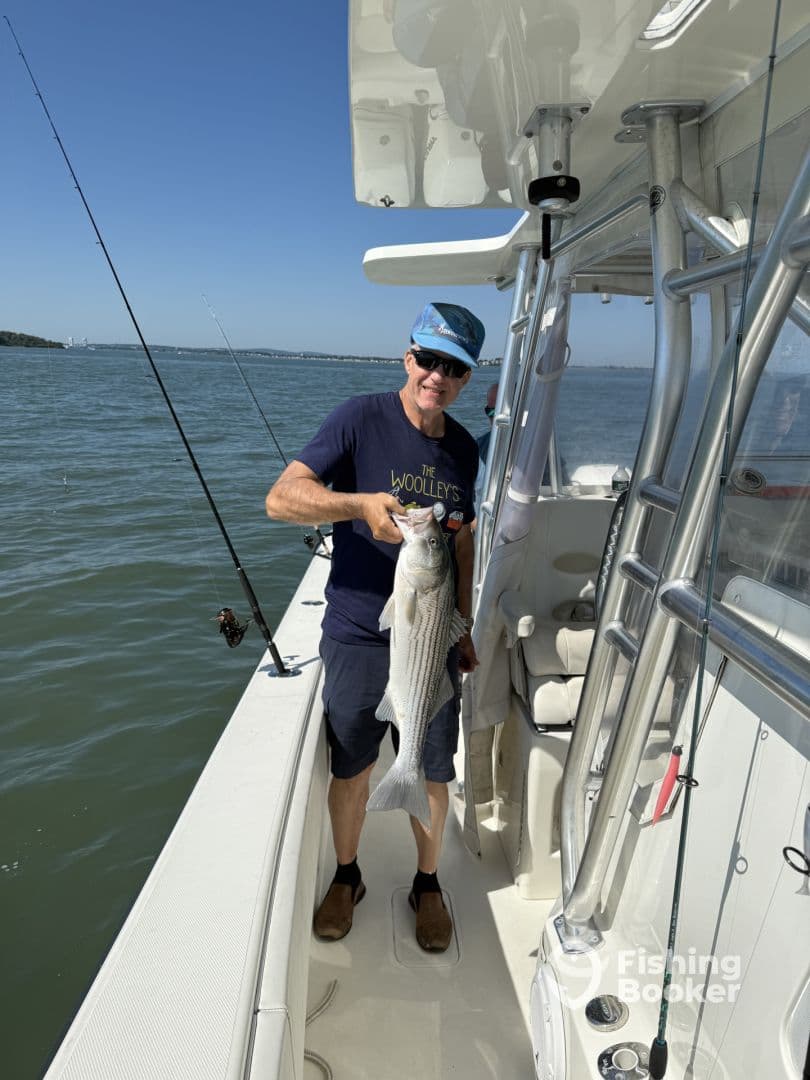 An angler proudly displaying a large Striped Bass aboard a fishing boat, enjoying a sunny day on the water.