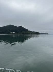 A serene view of a fishing boat on calm waters, surrounded by lush green hills and overcast skies, showcasing the tranquil fishing environment.