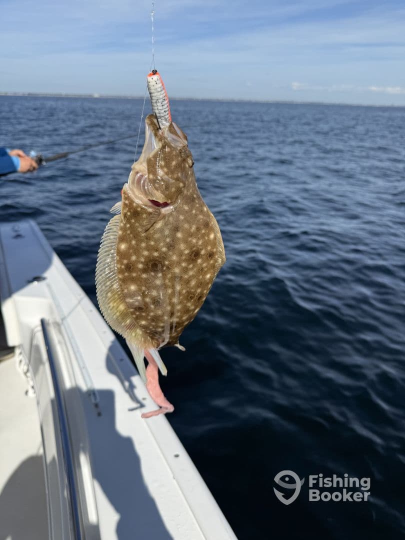 A flounder is being reeled in during a fishing trip, showcasing the excitement of angling on open waters.