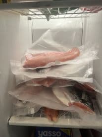 Vacuum-sealed fish fillets stored in a freezer, showcasing a variety of species ready for future meals.
