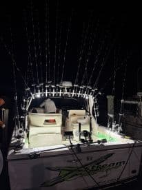 The interior of a well-equipped fishing boat at night, showcasing multiple fishing rods and seating arrangements, ideal for night fishing trips.