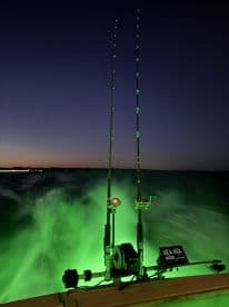 Nighttime view of a fishing boat with illuminated rods and a vibrant green wake, showcasing the excitement of night fishing.