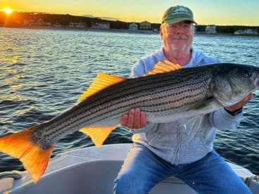 An angler proudly displaying a large striped bass during a sunset fishing trip on the water.