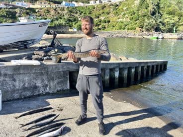 An angler proudly displaying a large fish on the dock, surrounded by multiple fish laid out after a successful fishing trip.
