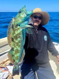 Angler proudly displaying a vibrant Greenling caught while fishing offshore, showcasing the beautiful blue waters in the background.