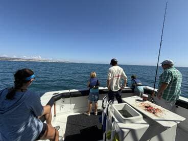 A family enjoying a fishing trip on a boat, with children actively engaged in fishing off the coast, showcasing a sunny day on the water.