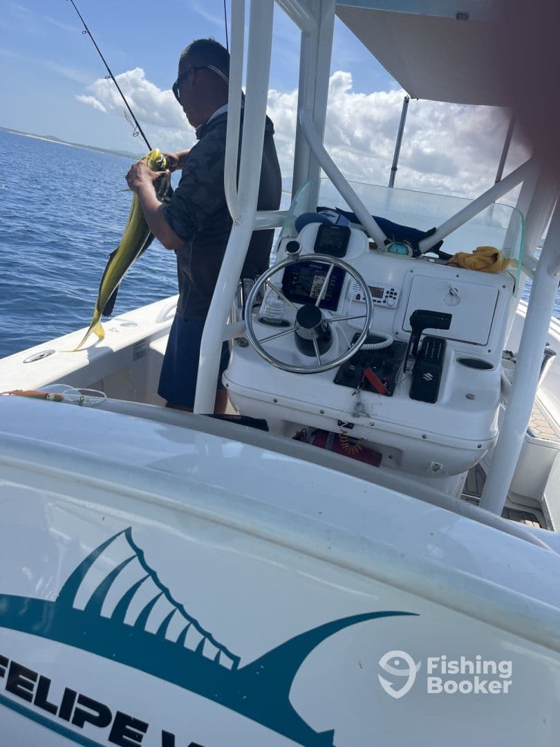 An angler reeling in a vibrant Mahi Mahi while aboard a center console boat, showcasing the excitement of deep-sea fishing.
