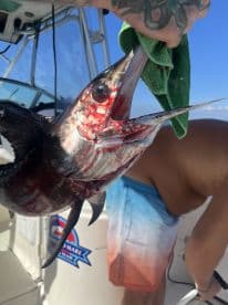 An angler proudly displaying a freshly caught fish on a boat, showcasing the excitement of a successful fishing trip.