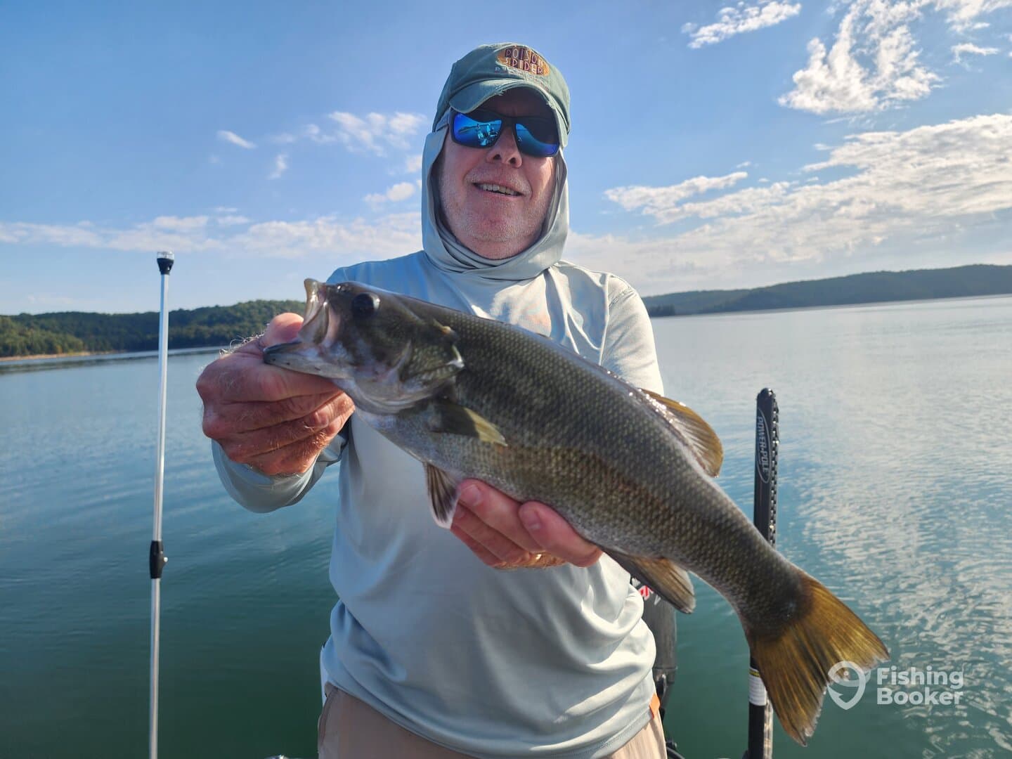 An angler proudly displaying a large Largemouth Bass while fishing on a serene lake, showcasing a beautiful day on the water.