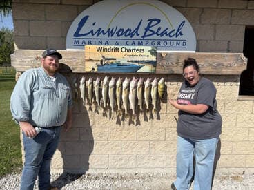 Two anglers proudly displaying their catch of Walleye on a catch board at Linwood Beach Marina after a successful fishing trip.