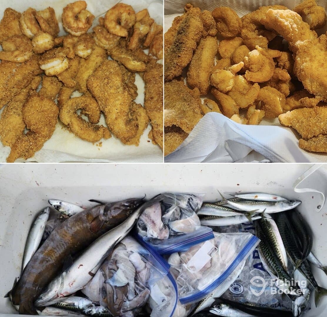 A variety of fried fish and seafood displayed alongside a cooler filled with freshly caught fish, showcasing a successful fishing trip.
