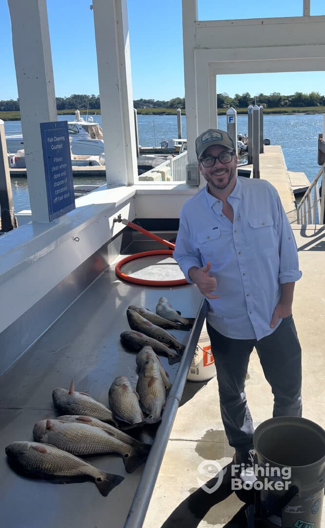 Angler displaying a catch of multiple fish, including several Black Drum, on a cleaning station at the dock.
