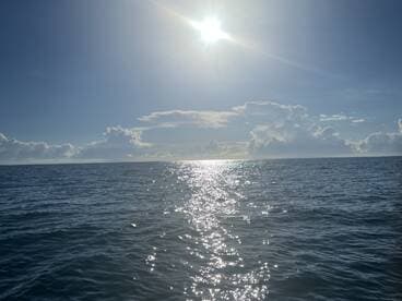 A serene view of the ocean under a bright sun, showcasing calm waters and a clear sky.
