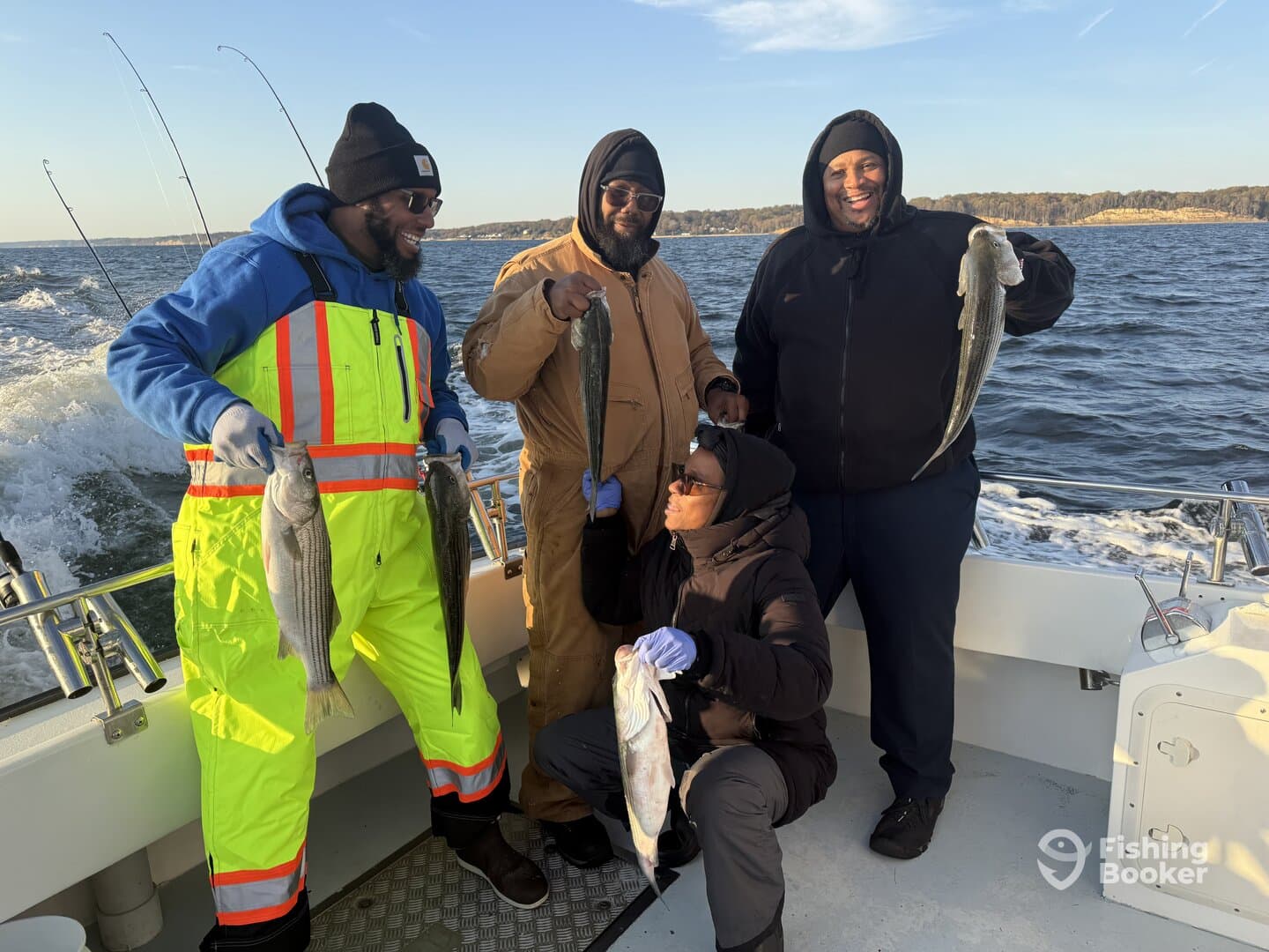 A group of four anglers proudly displaying their catch of striped bass aboard a fishing boat, enjoying a winter fishing trip.