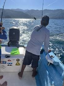Anglers actively reeling in a catch while fishing in a scenic coastal environment, with mountains in the background.