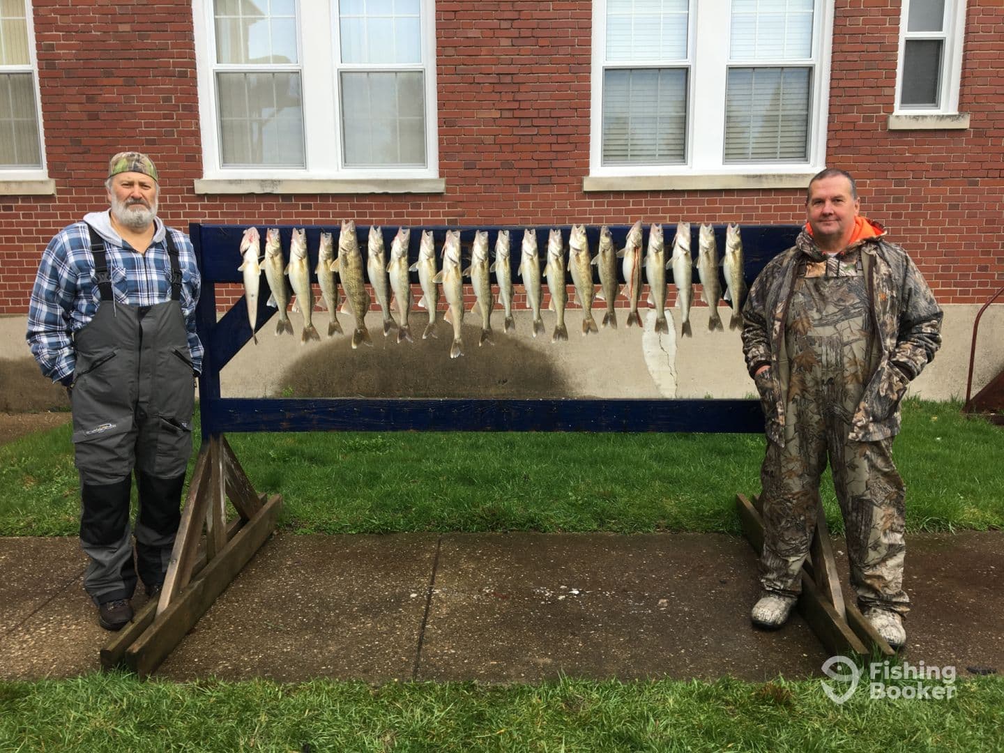 Two anglers proudly posing beside a catch board displaying a variety of Walleye after a successful fishing trip.