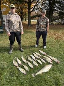 Two anglers proudly displaying a successful catch of Walleye on a grassy area, showcasing their haul after a fishing trip.