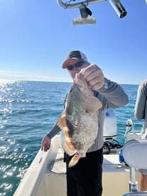 Angler proudly displaying a large Grouper while fishing on a sunny day.