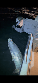 Angler reeling in a large fish at night, showcasing an exciting moment on the water.