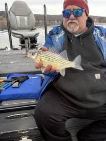 An angler proudly displaying a freshly caught striped bass while seated in a fishing boat on a calm lake.