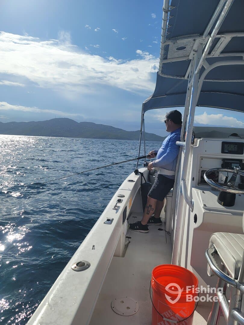 An angler casting a line from the deck of a boat, surrounded by a scenic ocean view and distant hills.