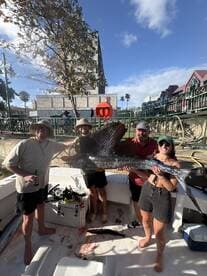 A group of four anglers proudly displaying a large Mahi Mahi on a boat after a successful fishing trip.
