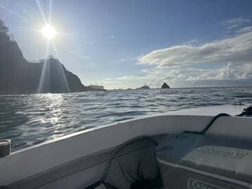 A scenic view from the boat showcasing the coastline and sunlit waters, perfect for a day of fishing.