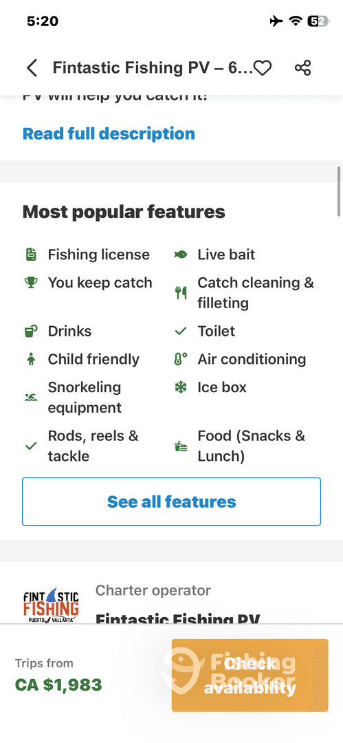 Information about Fintastic Fishing PV's popular features, including fishing licenses, live bait, and child-friendly amenities.