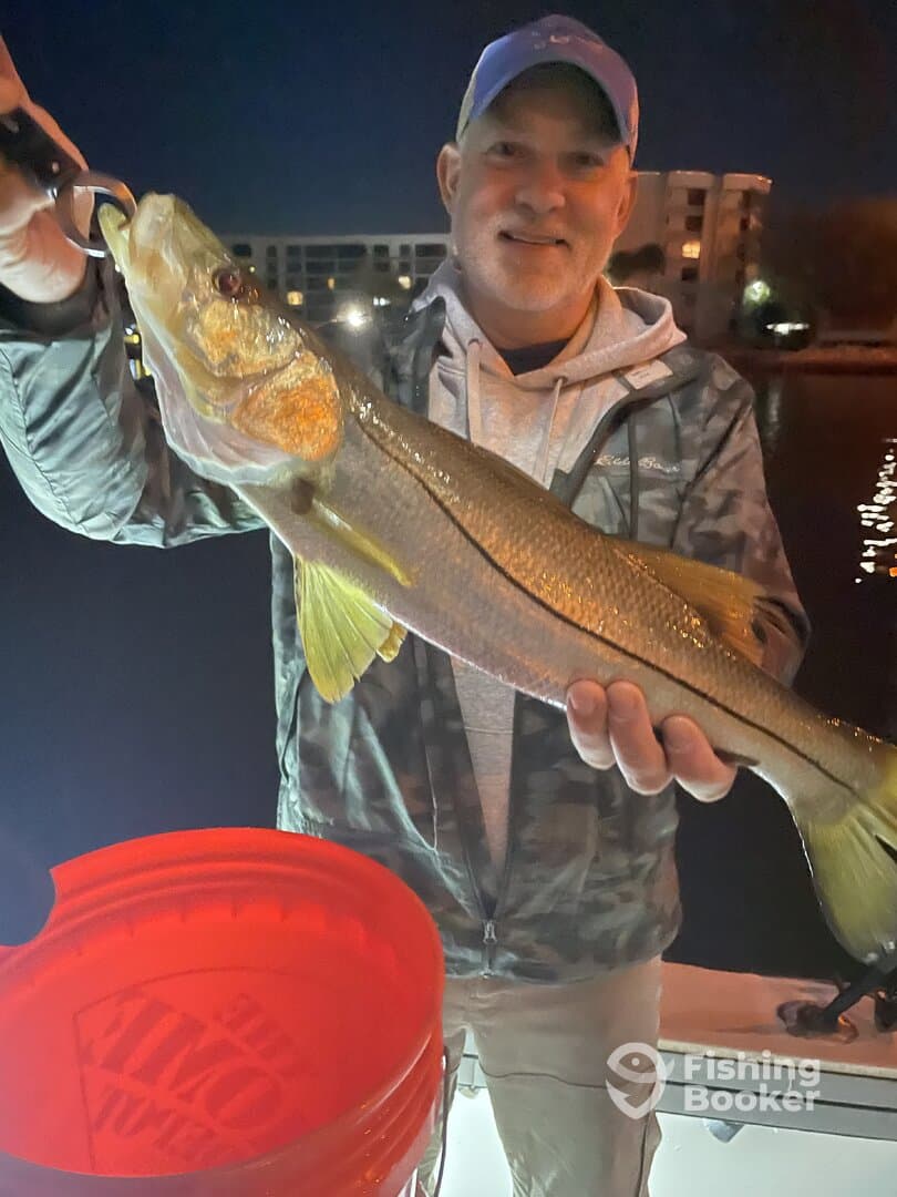 Angler proudly displaying a large Snook caught during a night fishing trip, with city lights reflecting on the water.