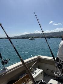 View from the interior of a fishing boat, showcasing fishing rods and the serene water of the harbor, with another boat in the background.