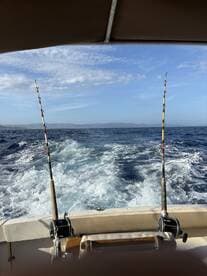 View from the helm of a fishing boat, showcasing the fishing rods and the wake created by the boat as it moves through the water.