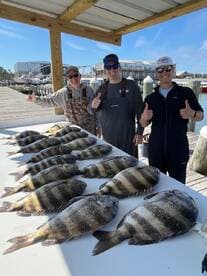 Three anglers proudly display a bountiful catch of striped bass on a dock after a successful fishing trip.