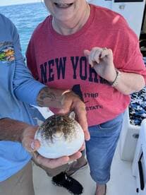 A proud angler displaying a pufferfish while enjoying a day out on the water, showcasing the fun of fishing with family.