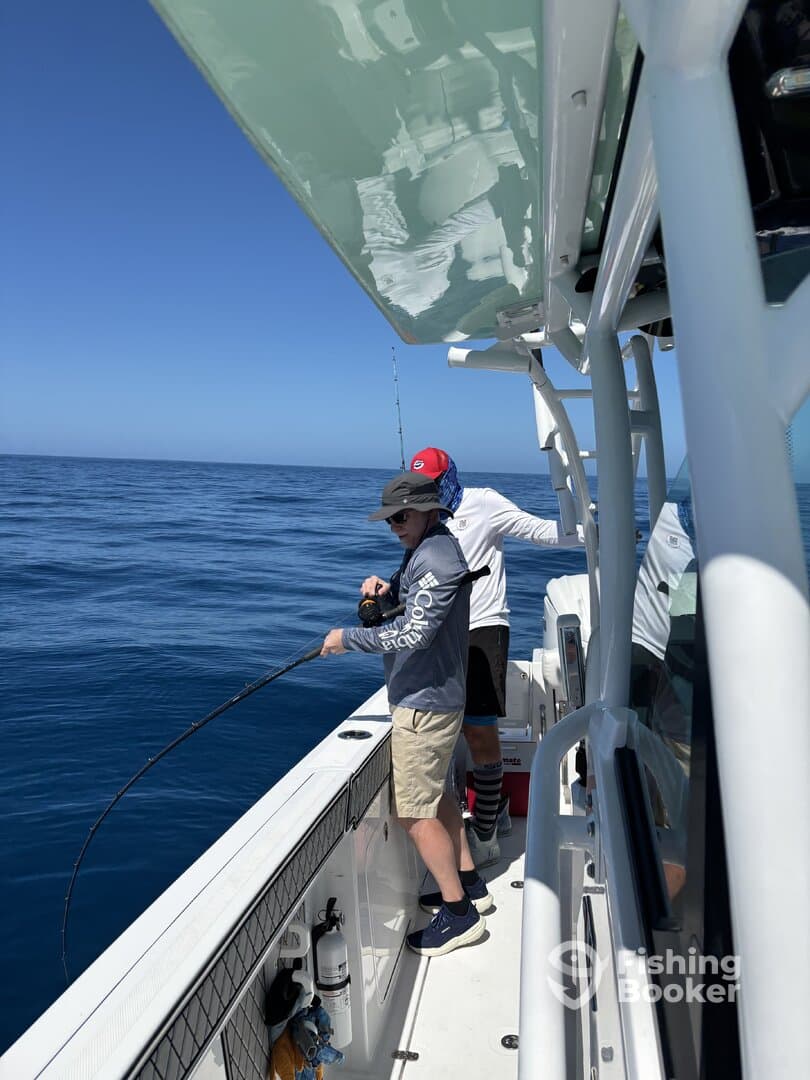 Two anglers actively fishing on a boat, one reeling in a line while the other assists, showcasing a dynamic offshore fishing experience.