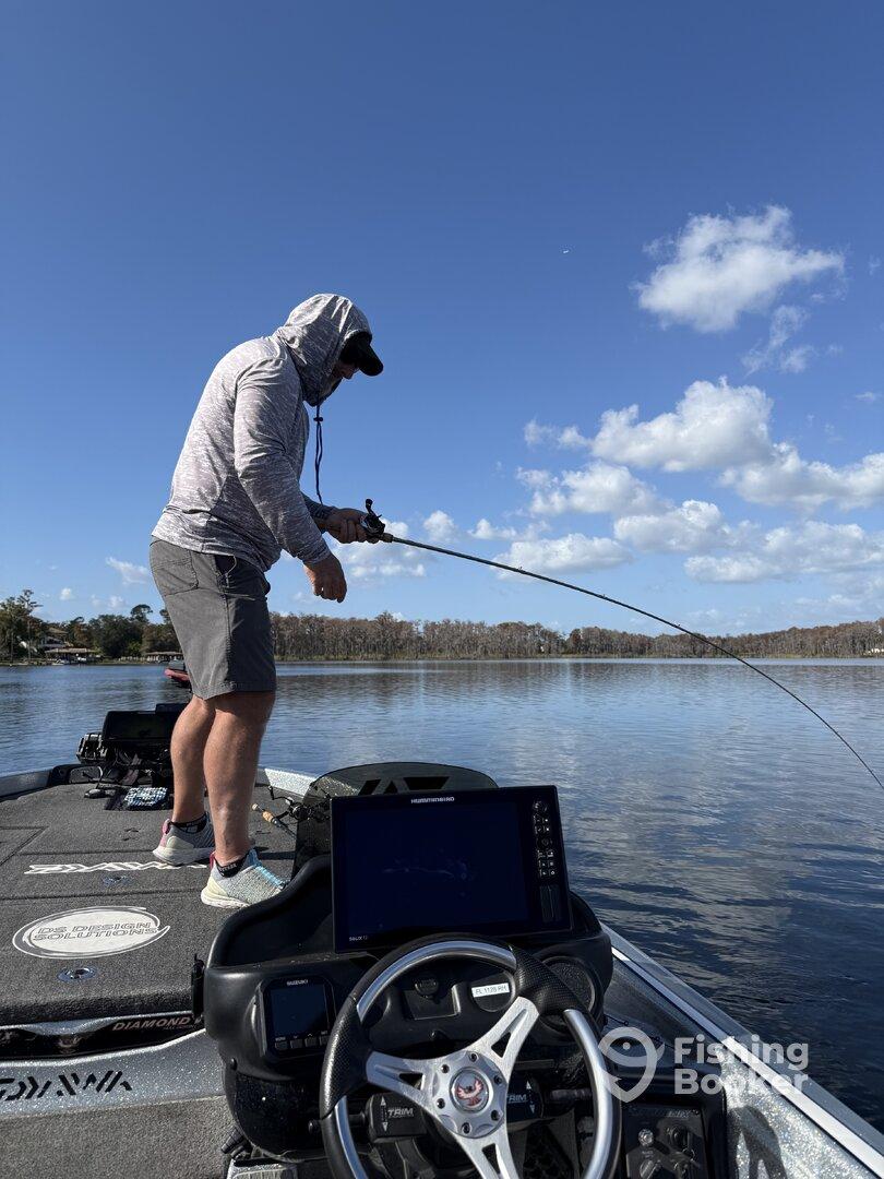 An angler casting a line while fishing on a calm lake, showcasing the excitement of the catch.