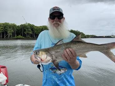 An angler proudly displaying a large fish while fishing in a scenic waterway, surrounded by lush greenery.