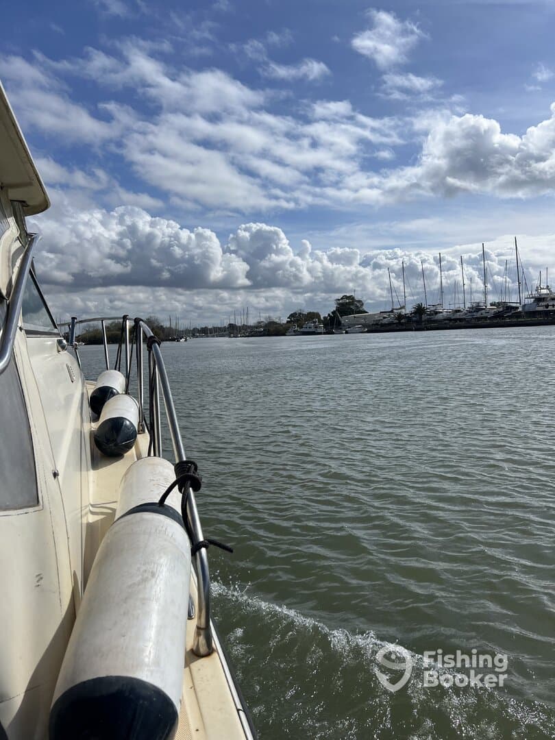 A scenic view of the boat's side as it navigates through calm waters, with a marina visible in the background under a partly cloudy sky.