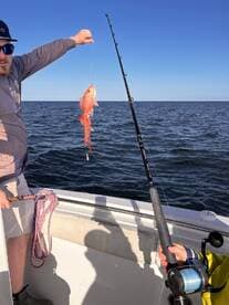 Angler reeling in a vibrant Red Snapper while fishing on a sunny day at sea.