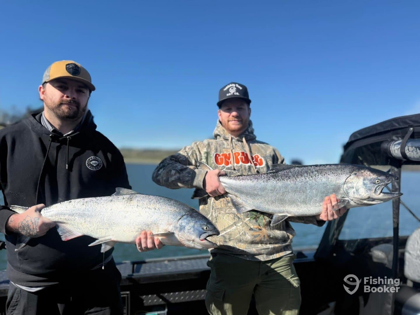 Two anglers proudly displaying their large Chinook Salmon on a sunny day out on the water.