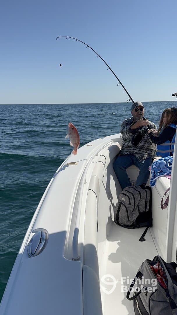 A young angler and an adult are fishing on a boat, with a Red Snapper caught on the line during a sunny day at sea.
