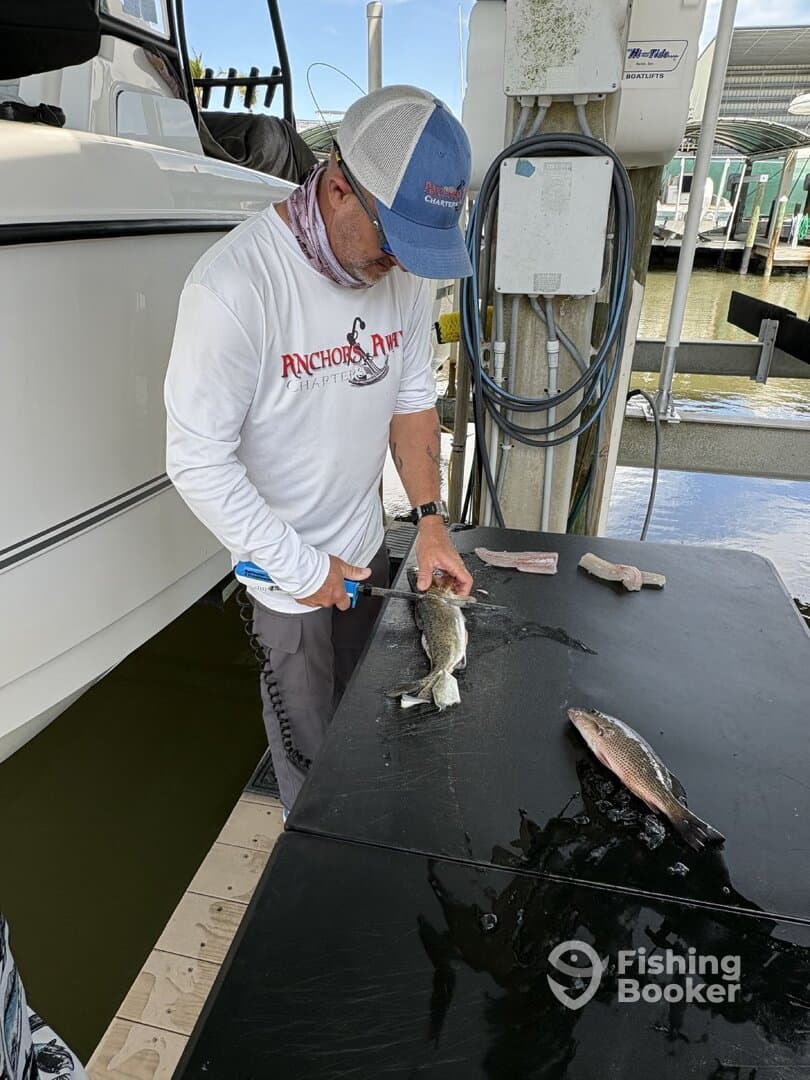 A fisherman filleting a large fish at a cleaning station by the dock, showcasing a fresh catch of the day.
