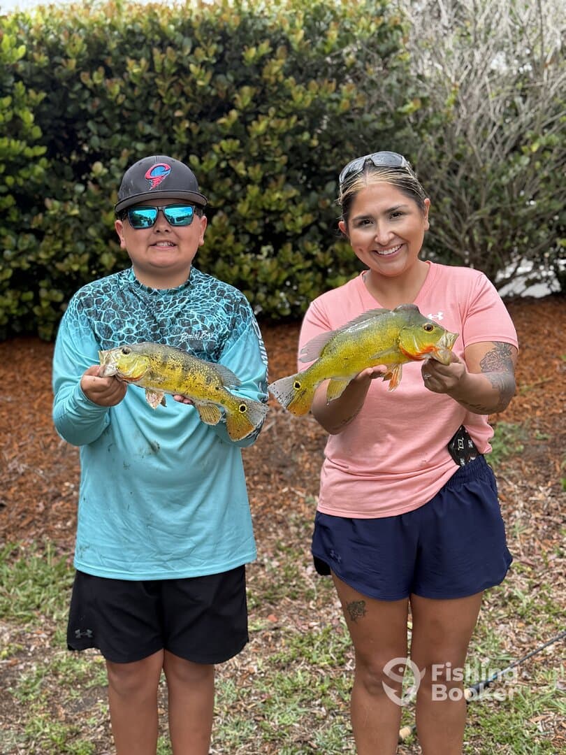 A young angler and an adult proudly displaying their vibrant Peacock Bass catch in a lush outdoor setting.