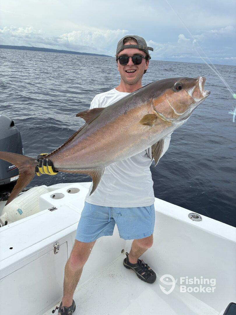 Angler proudly displaying a large Amberjack while fishing on a boat in open waters.