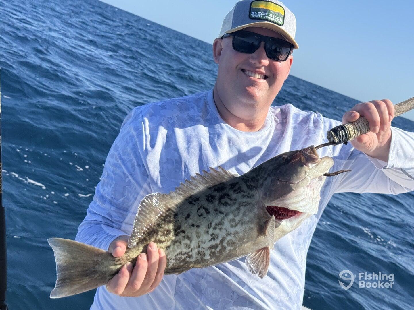 Angler proudly displaying a large Grouper caught while fishing offshore, showcasing the excitement of a successful day on the water.
